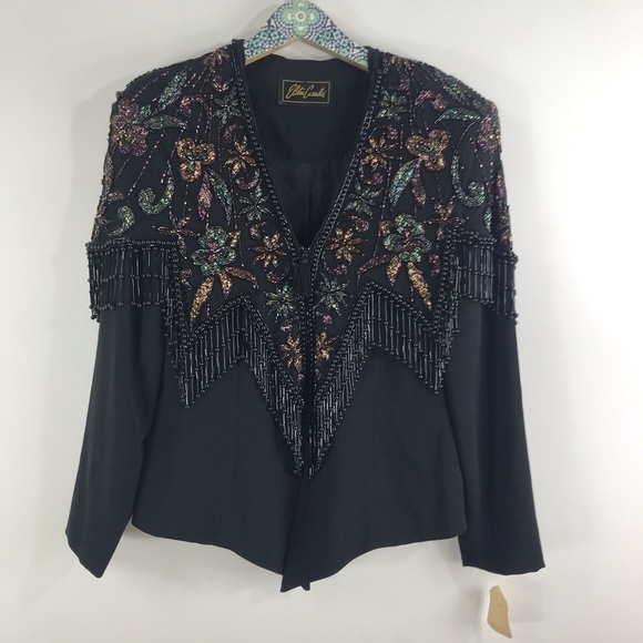 CASADEI Vintage Black Beaded Floral Fringe Cocktail Blazer Jacket Skirt Suit Set - Picture 6 of 16